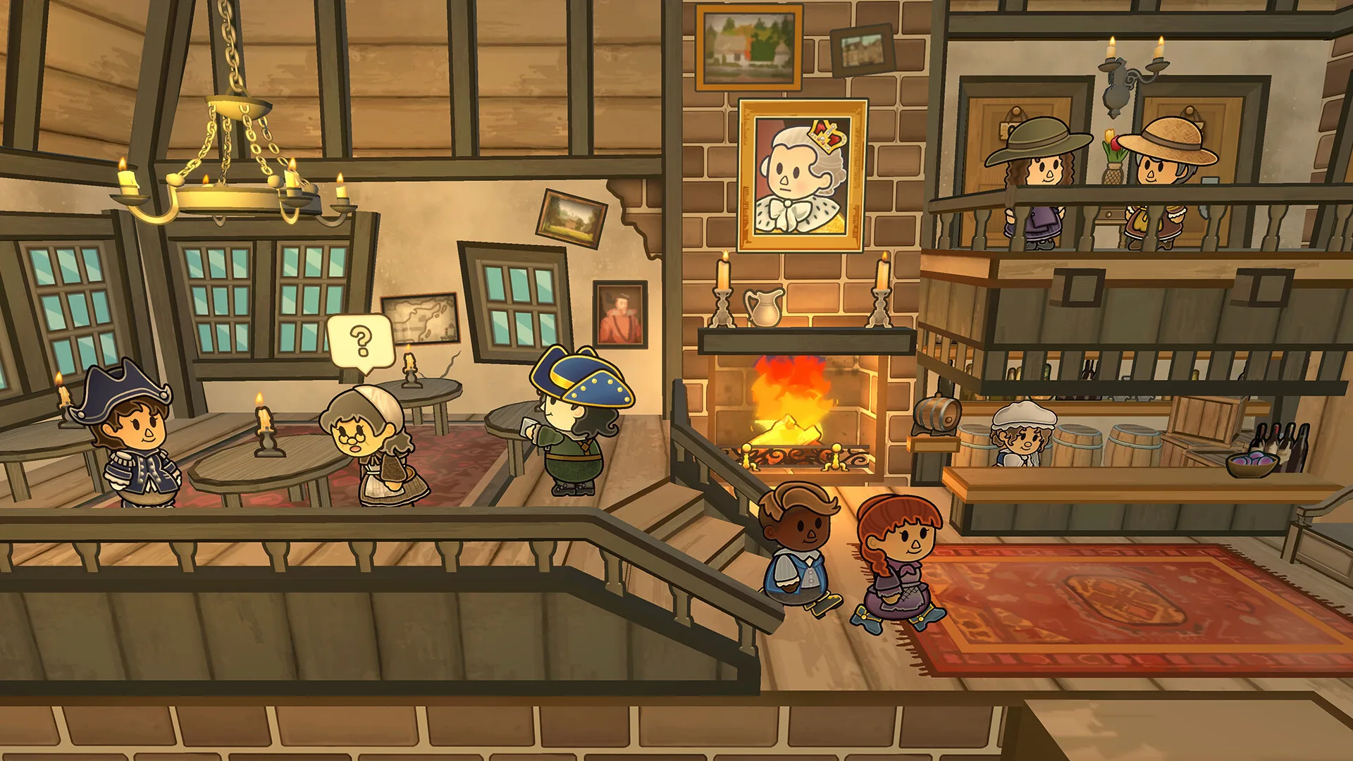 Indie game screenshot: Colonial tavern scene with cartoon characters.