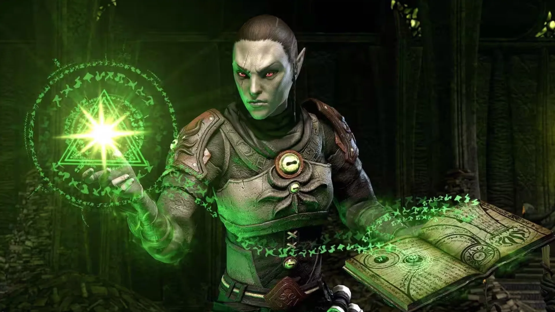 ESO key art showing the Arcanist drawing spells from a tome held in her left hand.