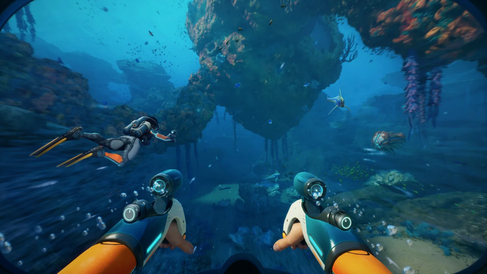 Subnautica 2 gameplay: underwater exploration with a diver and vehicle.