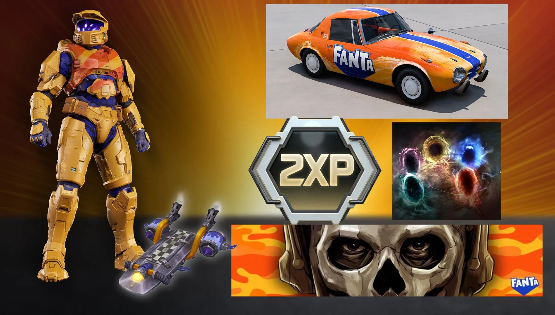 Xbox Fanta collab rewards: Halo armor, Fanta car, 2XP, Call of Duty skin.