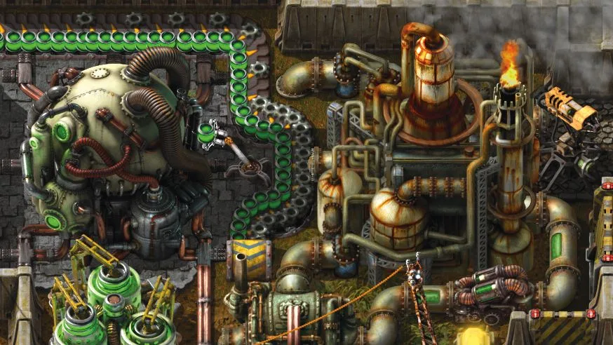 A complex Factorio factory with pipes, machines, and conveyor belts.