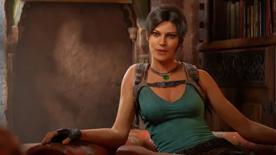 Lara Croft sits with her arms open in Tomb Raider Legacy of Atlantis