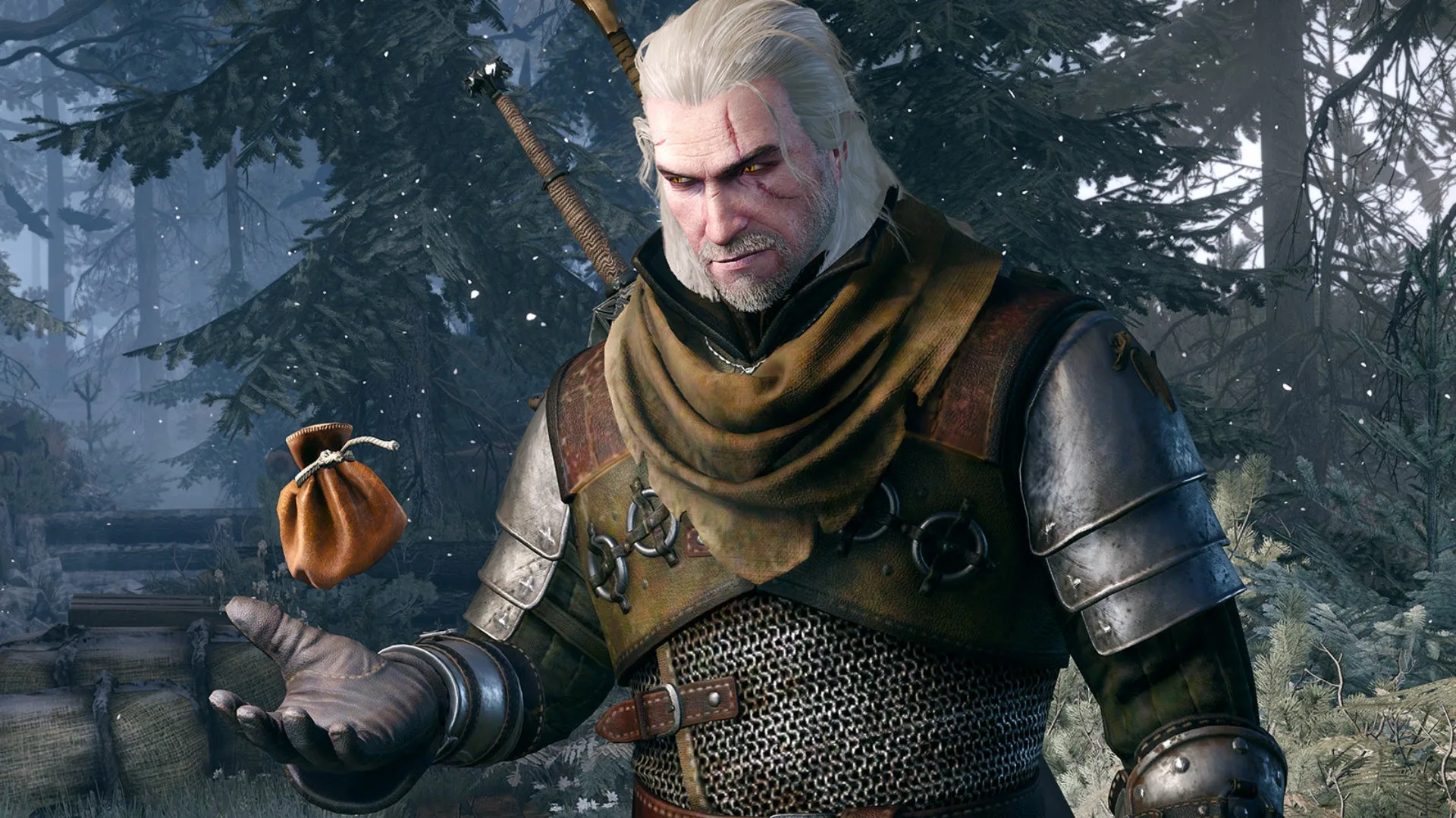 Geralt juggles a coin purse in The Witcher 3.
