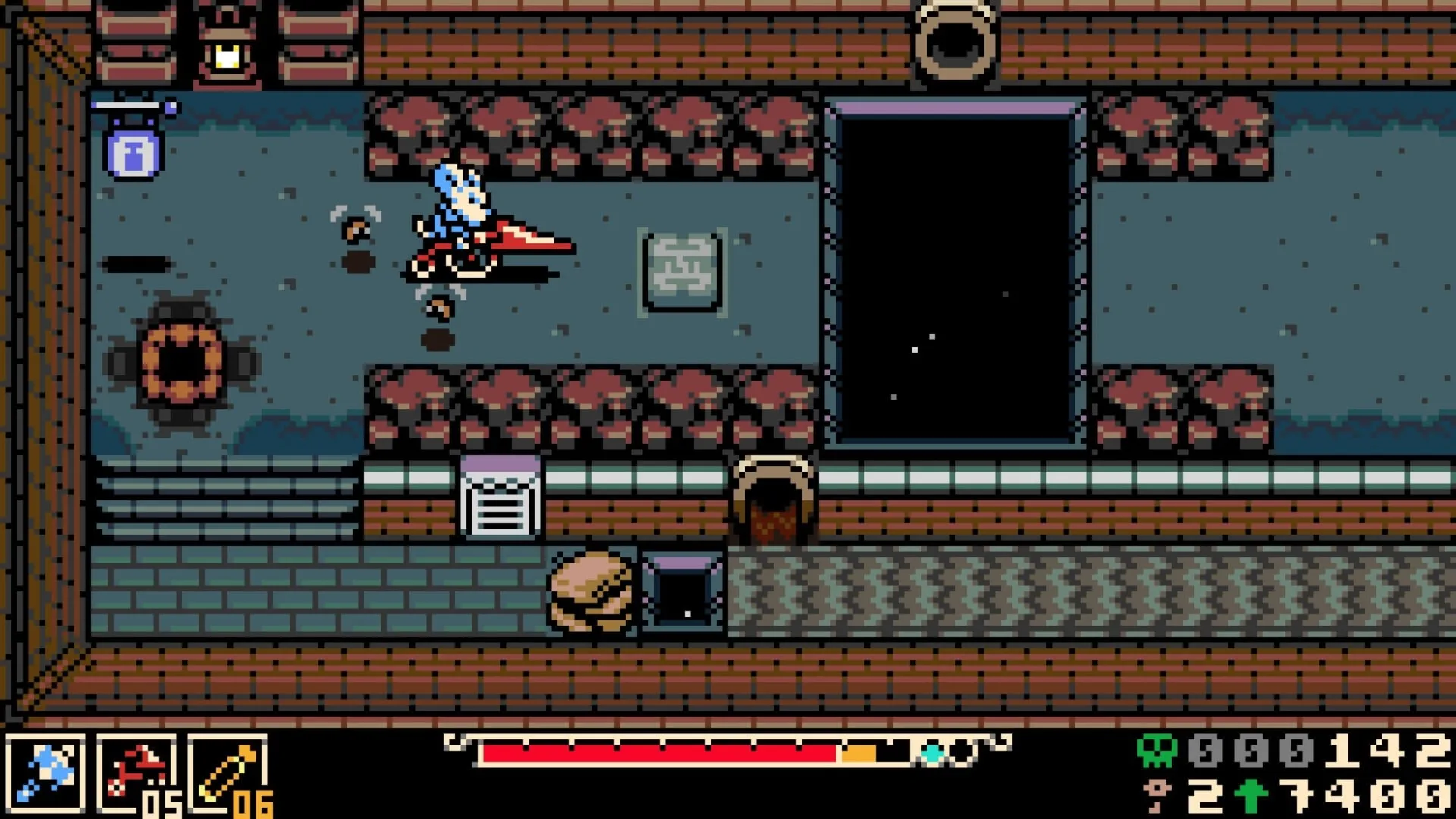 Mina the Hollower screenshot showing gameplay in a room with barrels and a chest.