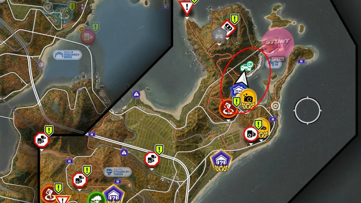 FH6 tank latte: A map of Ine, Ito, with a red oval showing the location of the tank lattes.