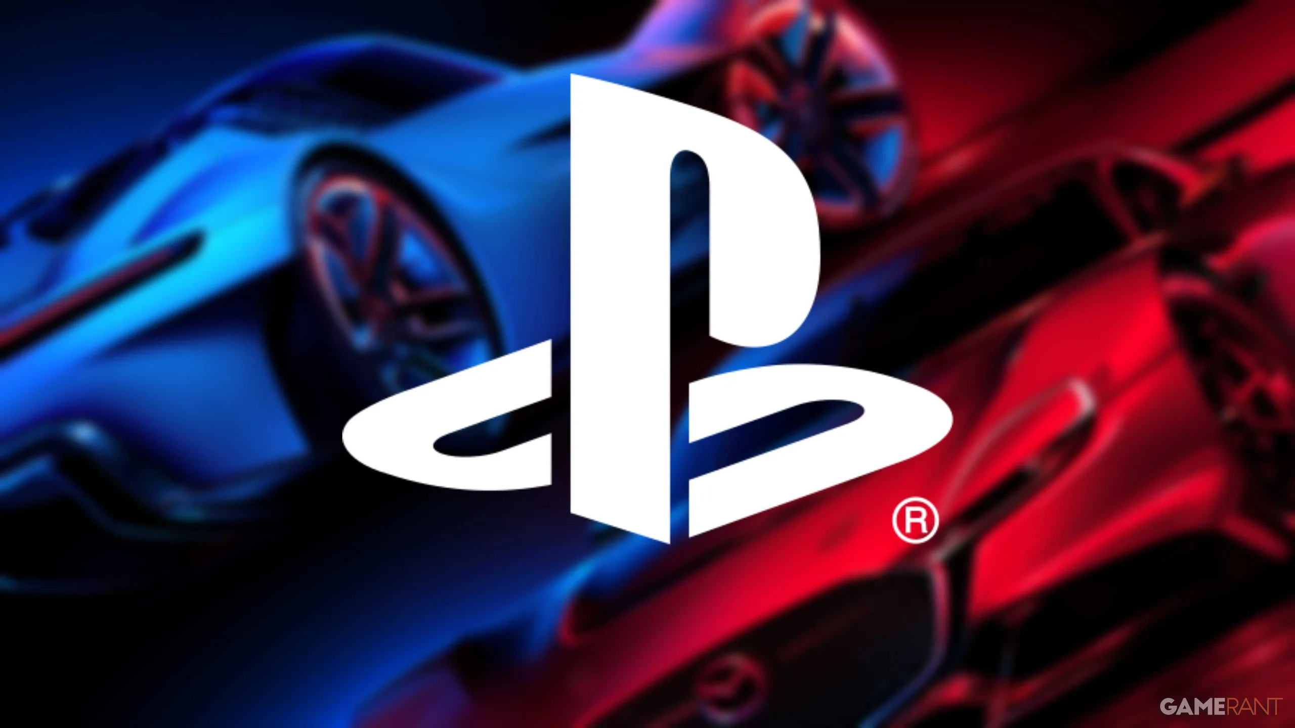 PlayStation logo over blurred Gran Turismo 7 background.