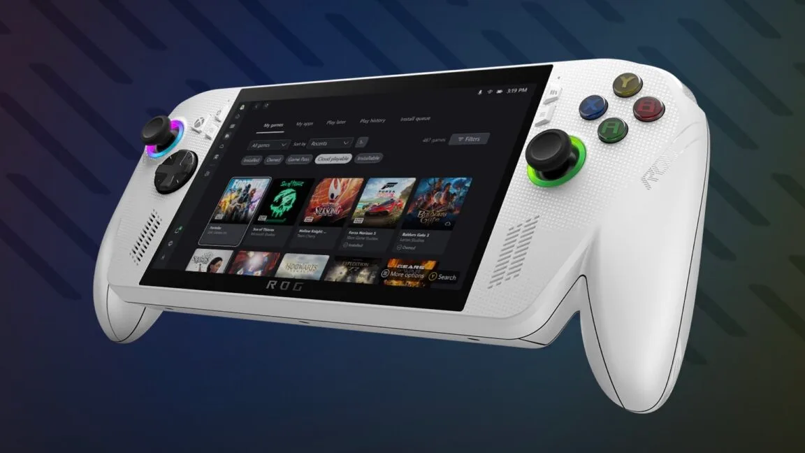 Handheld gaming device running Xbox app interface, similar to Steam Deck.
