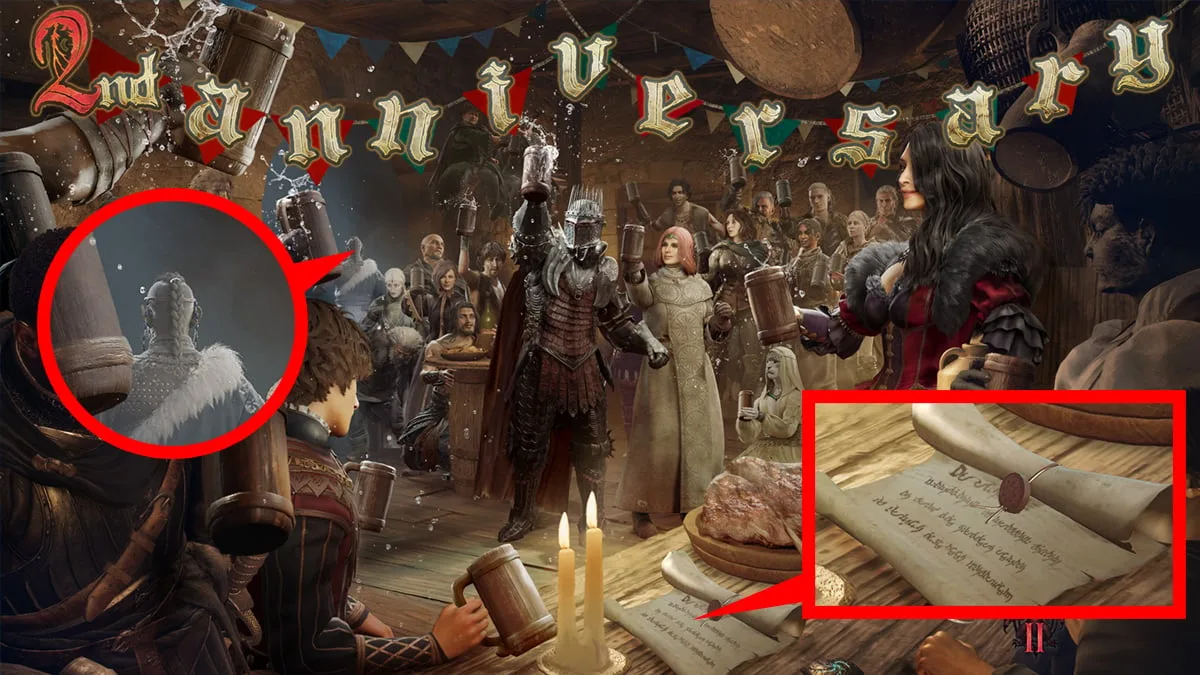 Dragon's Dogma 2 anniversary art with circled clues, hinting at DLC.
