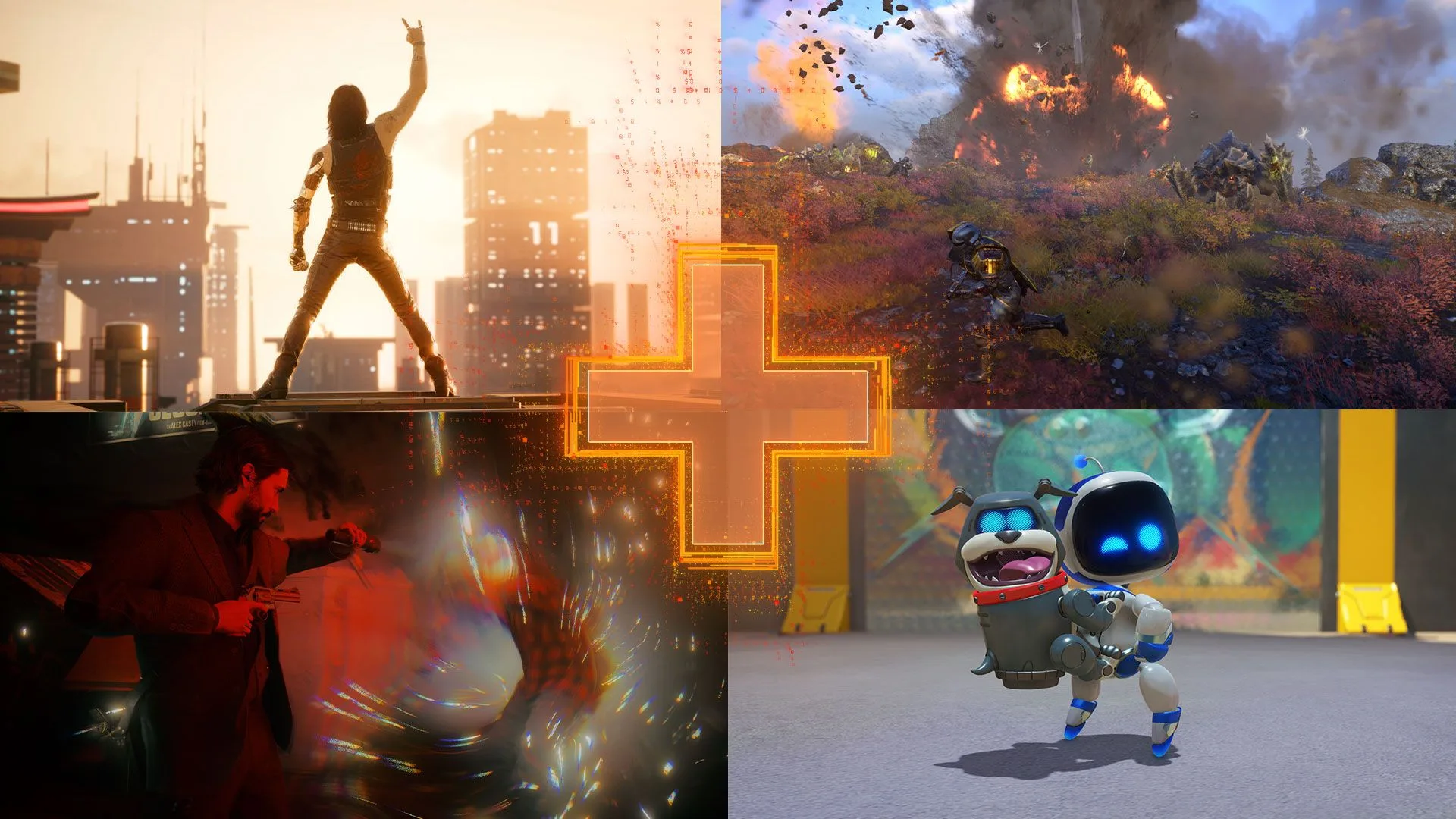 Collage of PlayStation games, including Cyberpunk 2077, Horizon Forbidden West, Alan Wake 2, and Astro's Playroom.