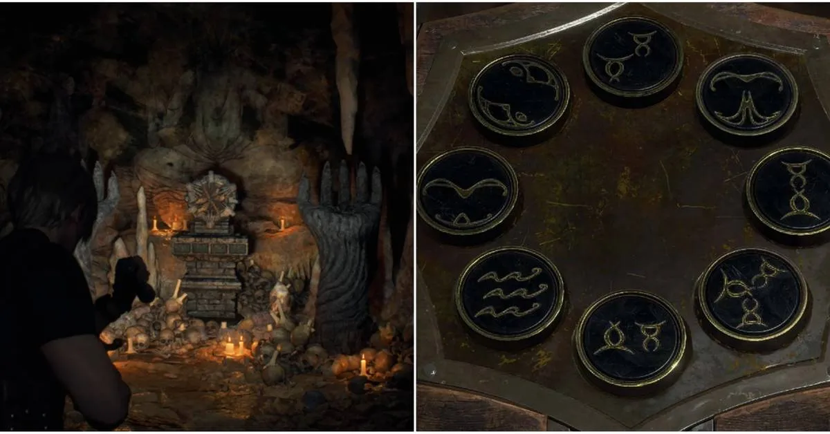 RE4 Remake Lake puzzle altar and door mechanism with symbols.