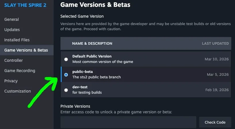 Slay the Spire 2 Steam beta selection.
