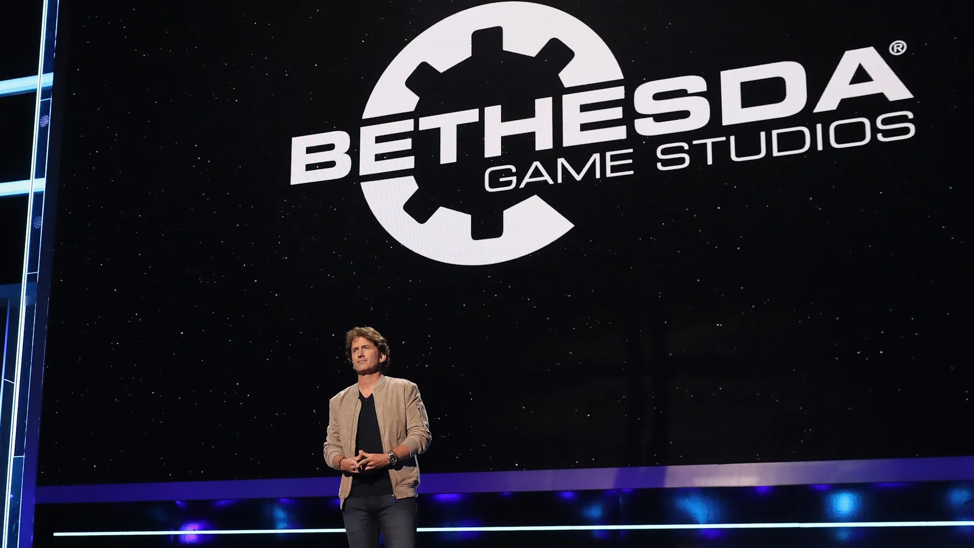 LOS ANGELES, CALIFORNIA - JUNE 09: Todd Howard, Director and Executive Producer at Bethesda Game Studios, speaks during the Bethesda E3 Showcase at The Shrine Auditorium on June 09, 2019 in Los Angeles, California. (Photo by Christian Petersen/Getty Images)