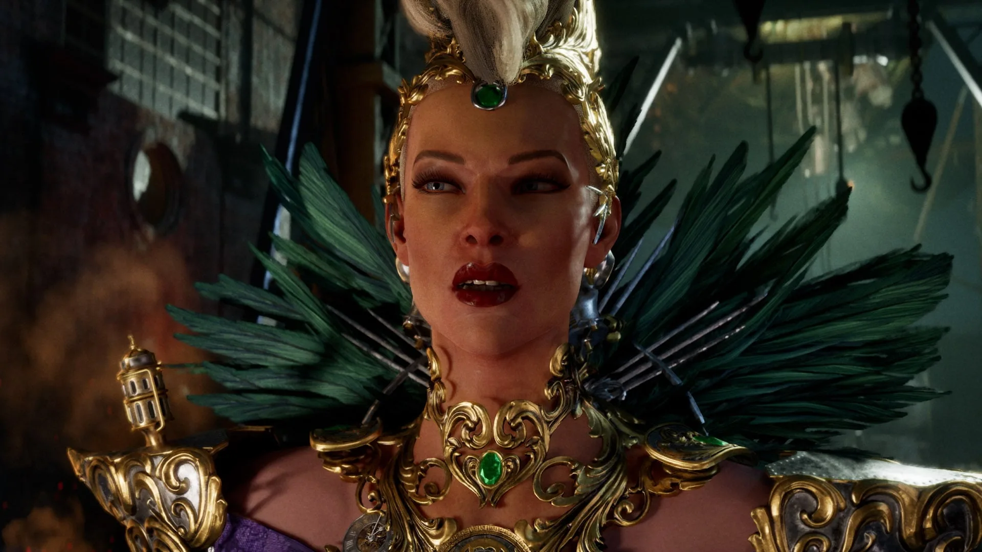 A woman wearing a feathered costume looks confused.