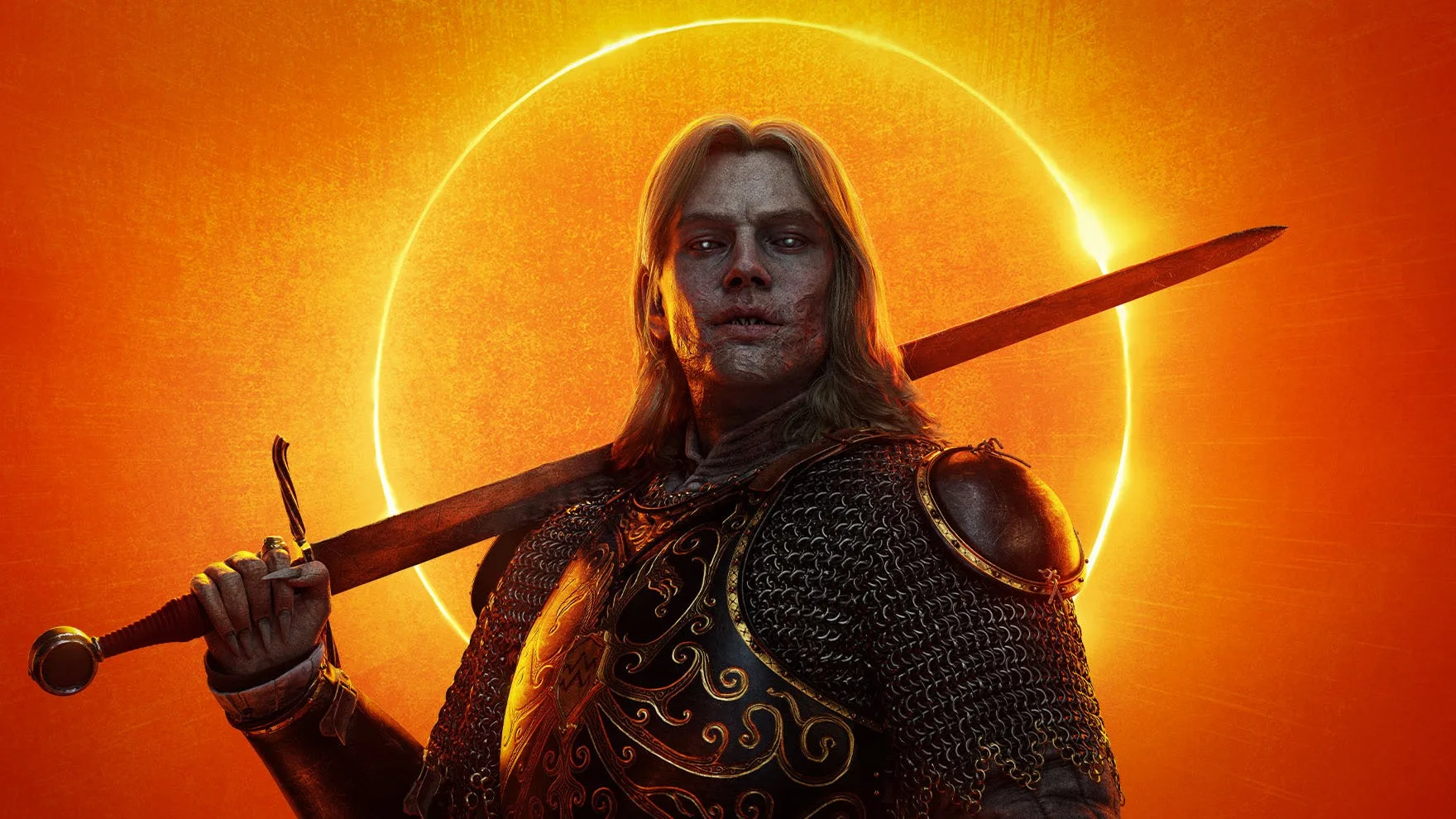 A blonde and long-haired knight with a sword resting over one shoulder. Half of their face is decaying. They are a vampire. Behind them, an eclipse can be seen.