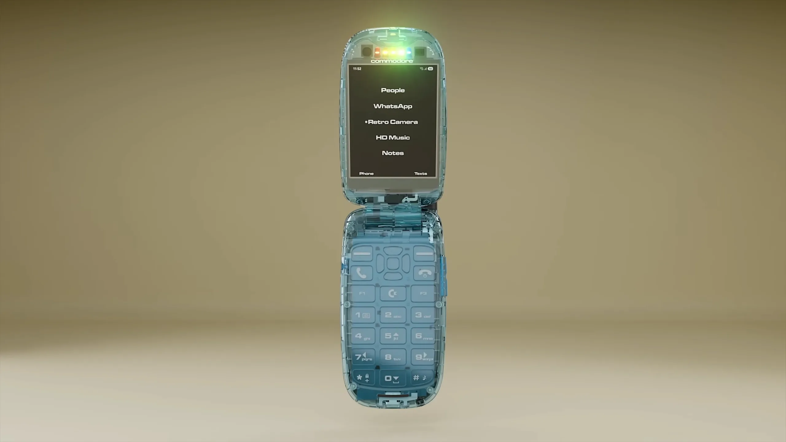 The Commodore Callback 8020 smart-ish flip phone is seen from various angles.