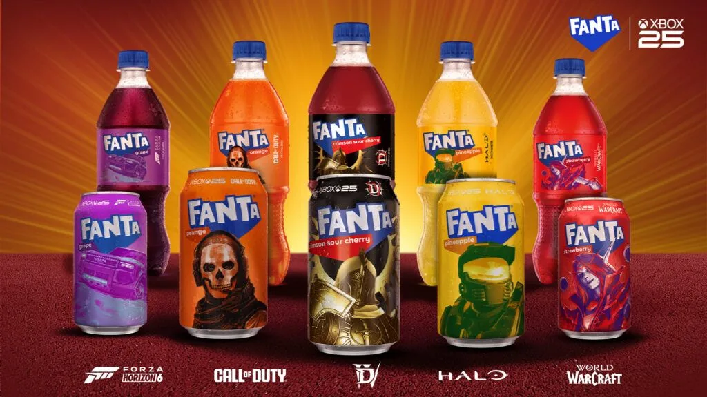 Xbox 25th Anniversary Fanta collab featuring game-themed bottles and cans.
