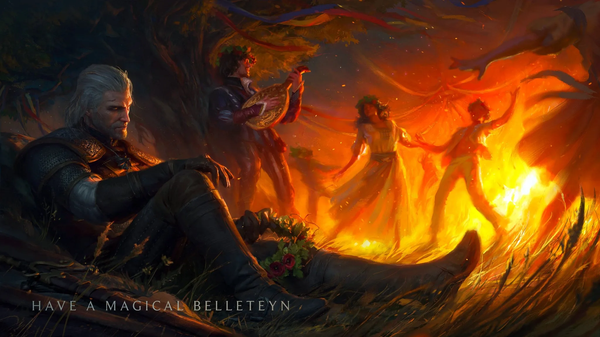 Geralt, a grey-haired, grizzled monster hunter, sits slumped against a tree at night, while in the background, people dance around a fire as a bard serenades them.