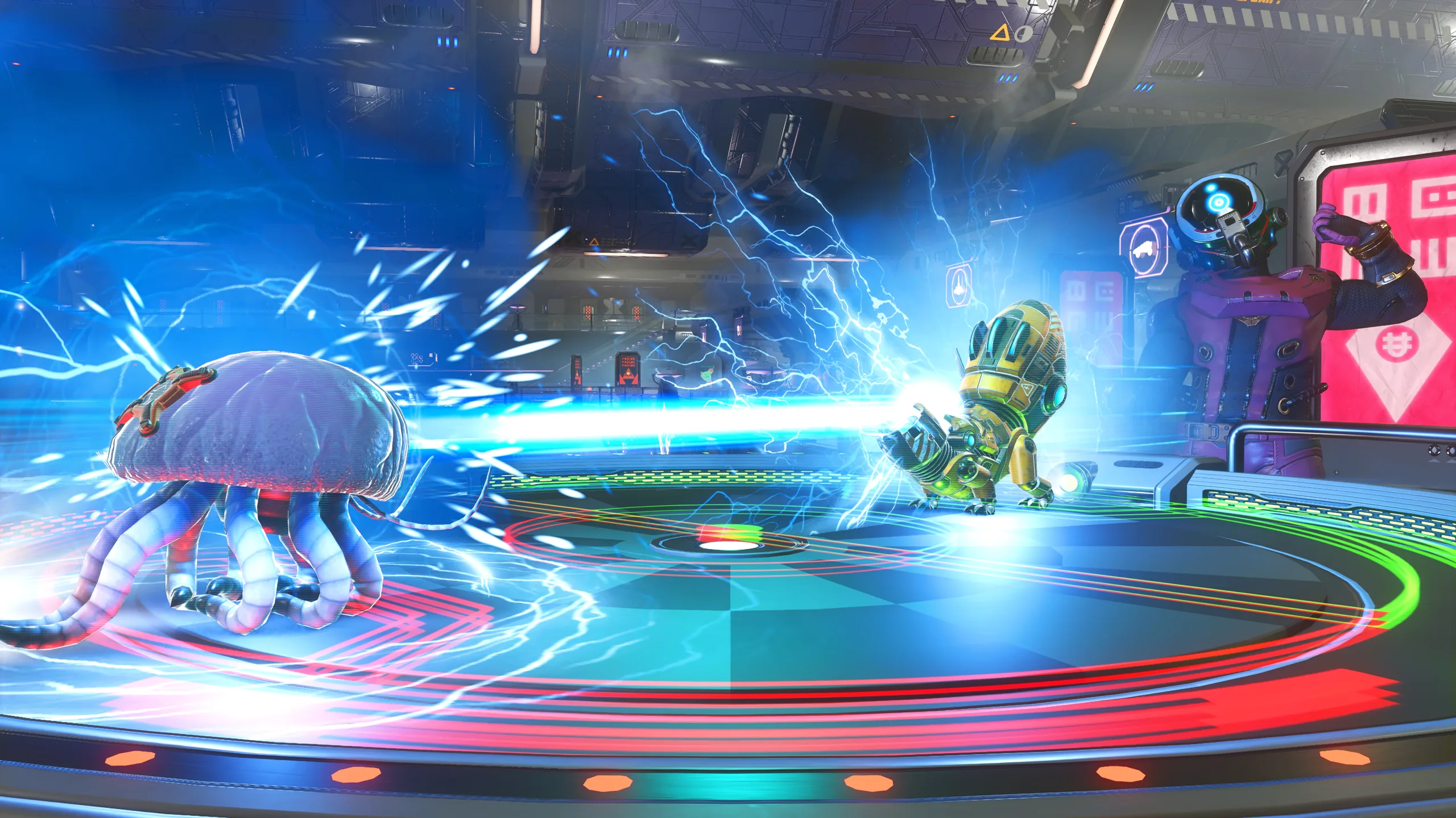 No Man's Sky Xeno Arena: Creature battle with electric effects. Player watches.