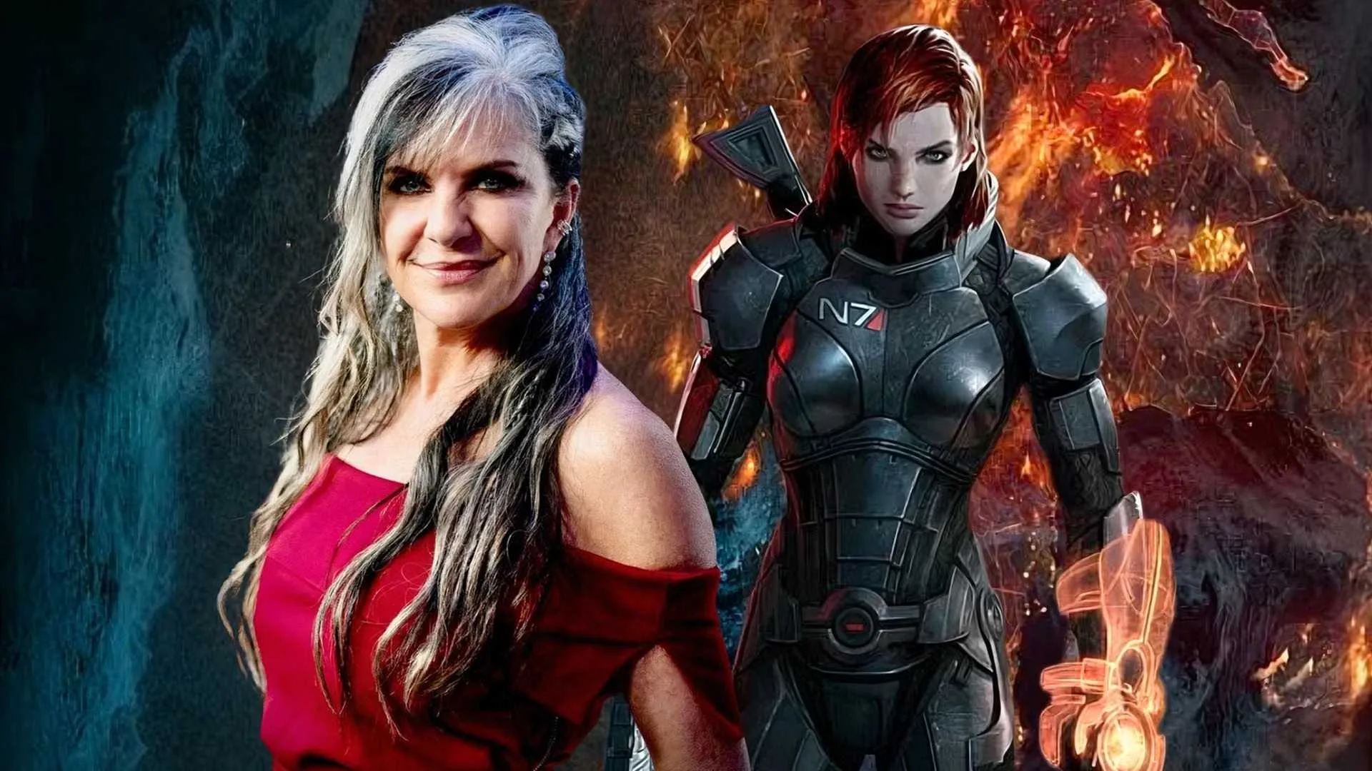 Jennifer Hale with Commander Shepard from Mass Effect.